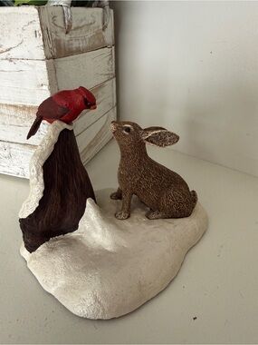 Vintage 1984 Aus-Ben Woodland Seasons Rabbit Cardinal Cold Cast Bronze Figurine